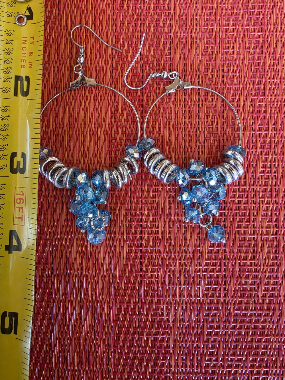 Silver Hoop Earrings with Blue Crystal Beads Dangle Chandelier EUC